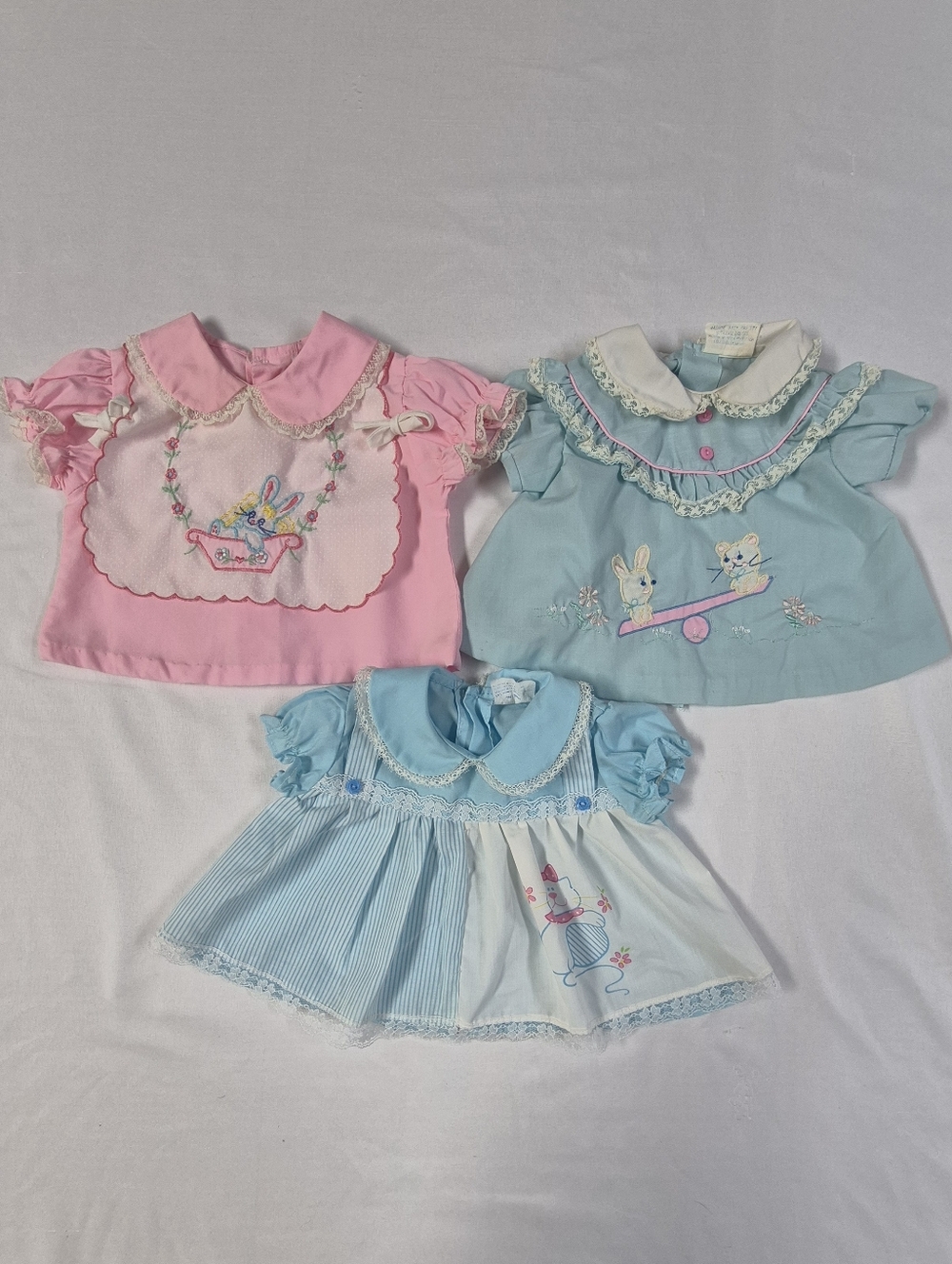 Vtg Catton Candy Lot Of 3 Ruffle Pastel Pink, Green And Blue Dresses 0-6 Months